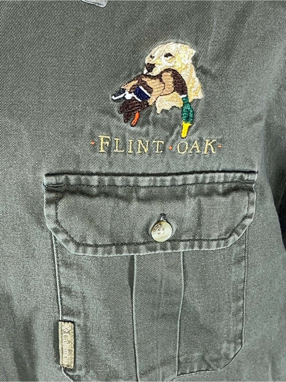 Columbia Flint Oak Hunting Green Lab Duck Logo Epaulets Men’s Vintage Shirt XL